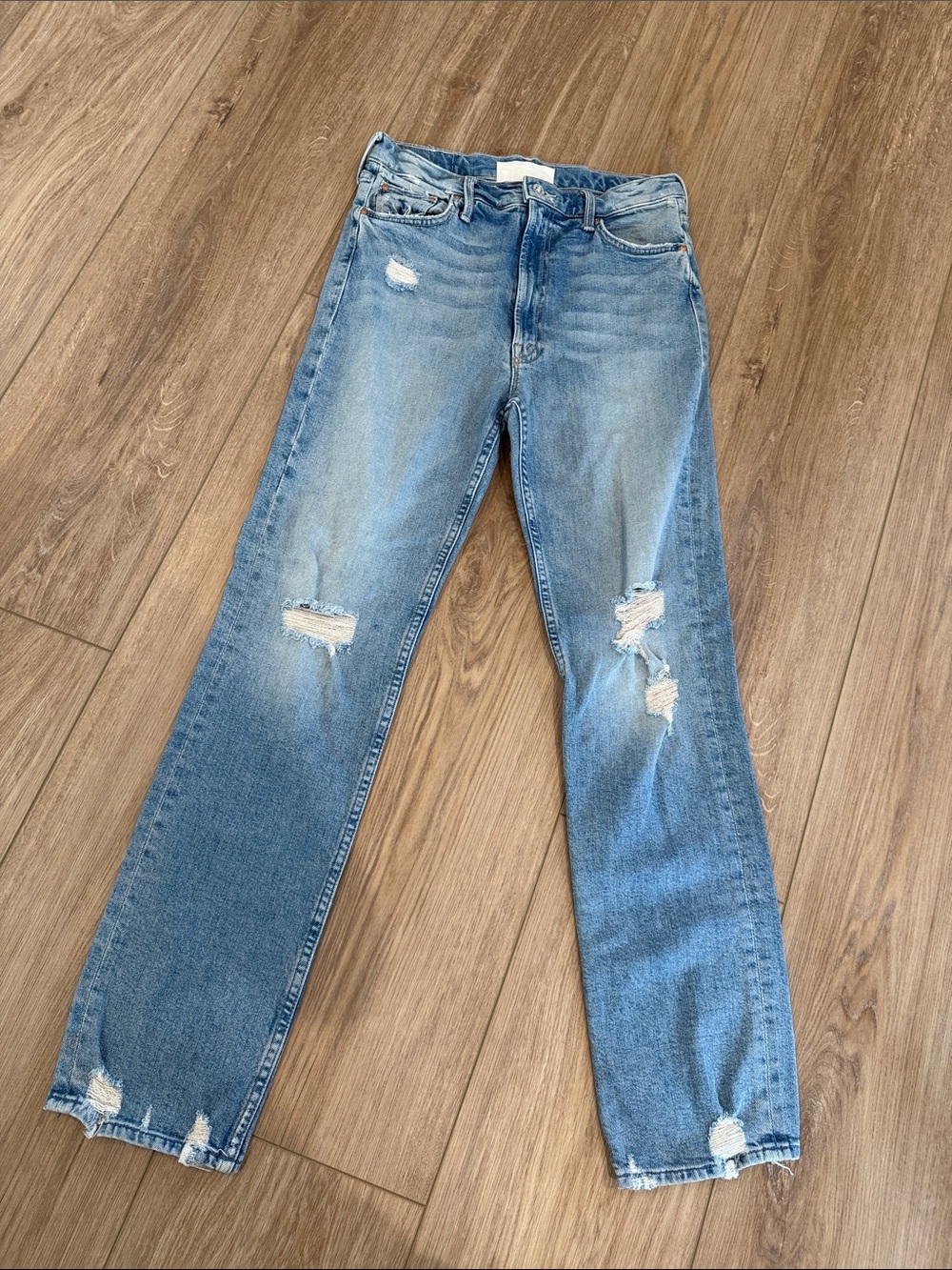 MOTHER Superior Light Blue Straight-Leg Distressed Jeans